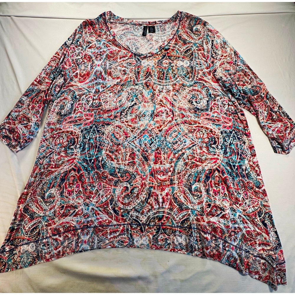 Cynthia Rowley Women's Multicolor Paisley Knit V-Neck 3/4 Sleeve Tunic, 3X